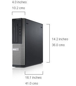 OptiPlex 390 Desktop, angled slight to the left, with lines and numbers indicating its dimensions